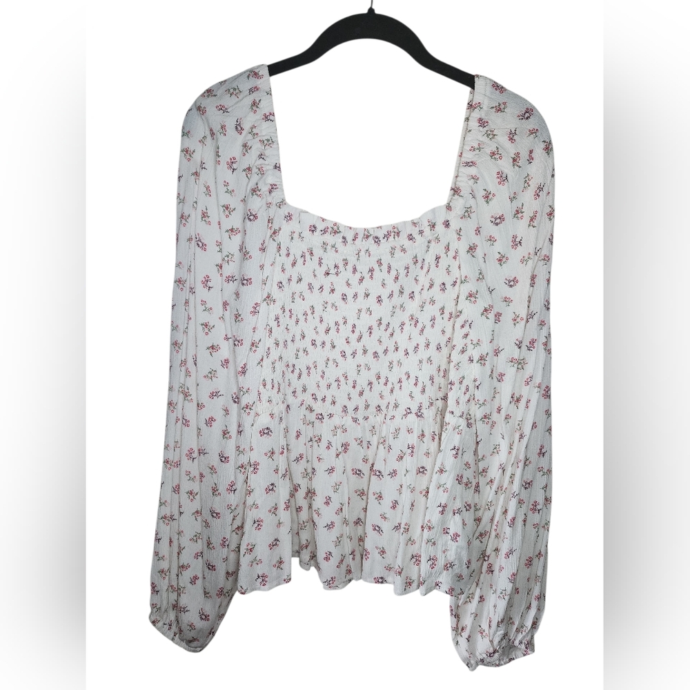 Dip Floral Smocked Square Neck Peplum Blouse - Size L - Cream/Pink